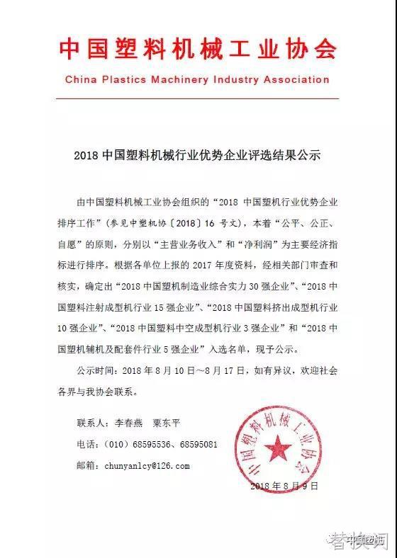 2018中国塑料机械行业优势企业评选结果公示